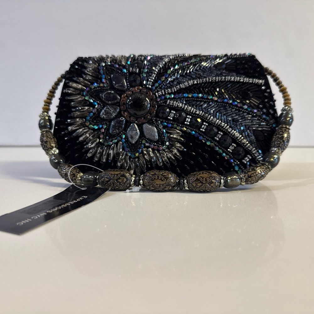 *Women’s Clutch Purse Black Beaded Evening Party Handbag Satchel EXPRESSIONS NYC